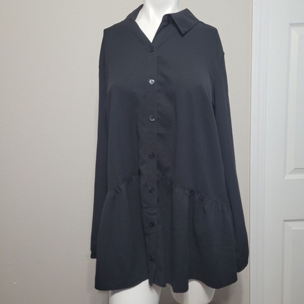 LOGO Lori Goldstein Medium Blouse top pleated button front collar longsleeve